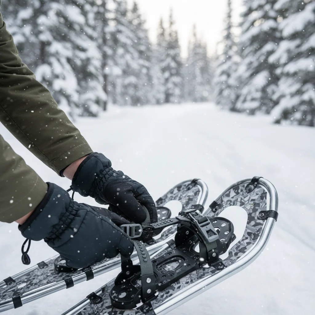 Hands adjusting snowshoes on a snowy trail