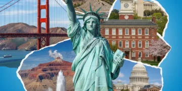 Collage of iconic American historical landmarks, inviting exploration.