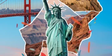 A vibrant collage showcasing America's iconic landmarks, inviting exploration.