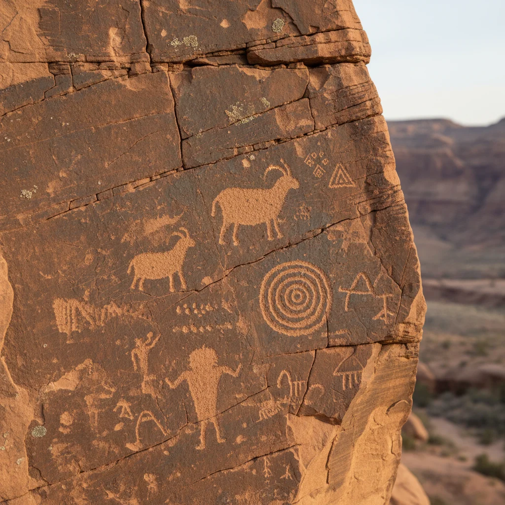 Ancient petroglyphs on rock face at national monument