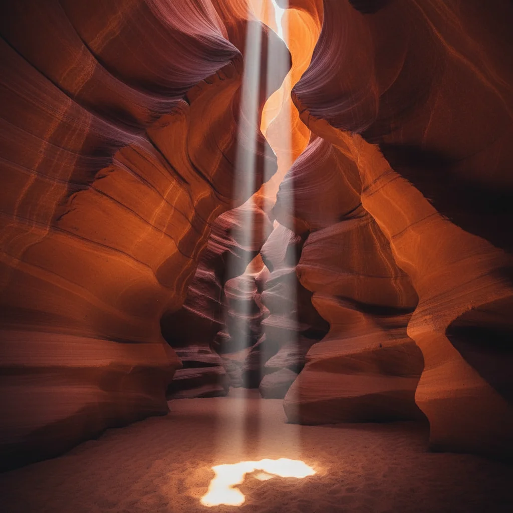 Sunlight beams illuminating the swirling sandstone walls of Antelope Canyon.