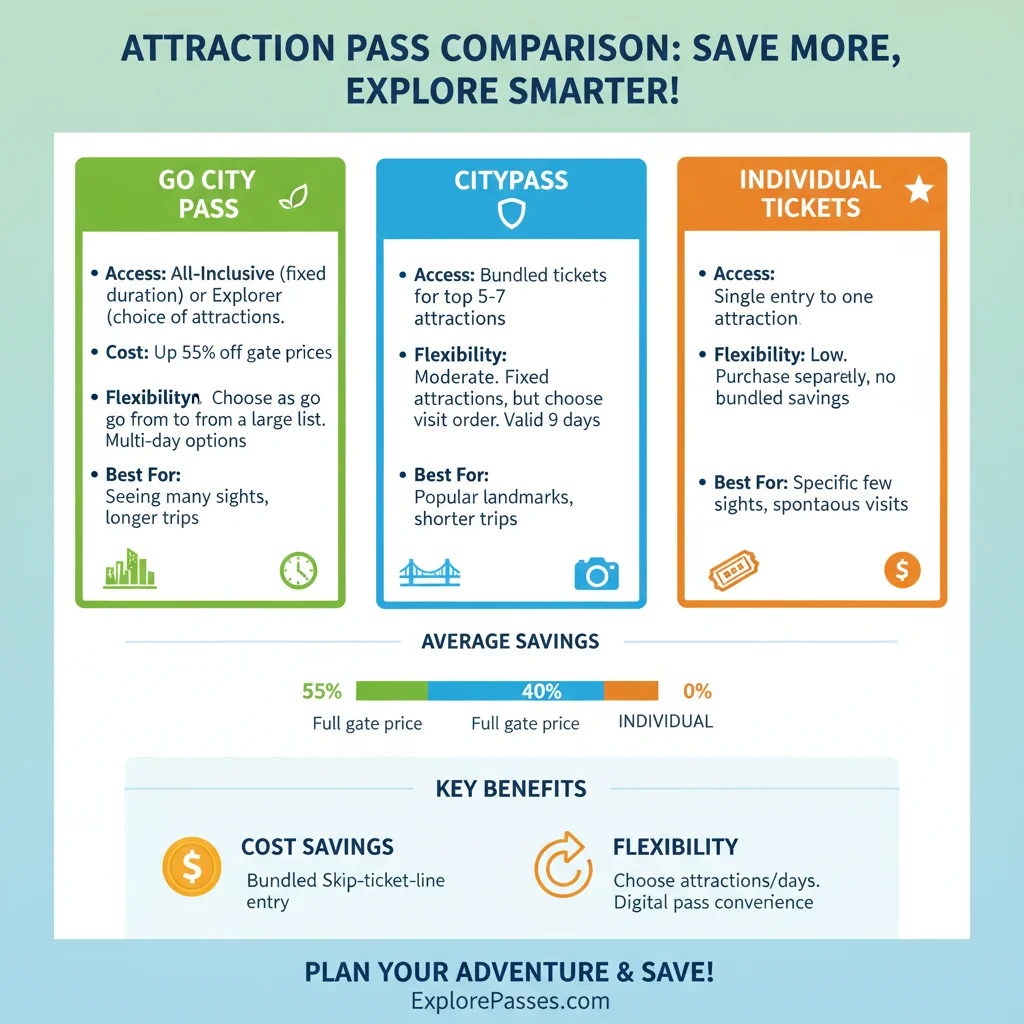 Infographic comparing features and benefits of various attraction passes.