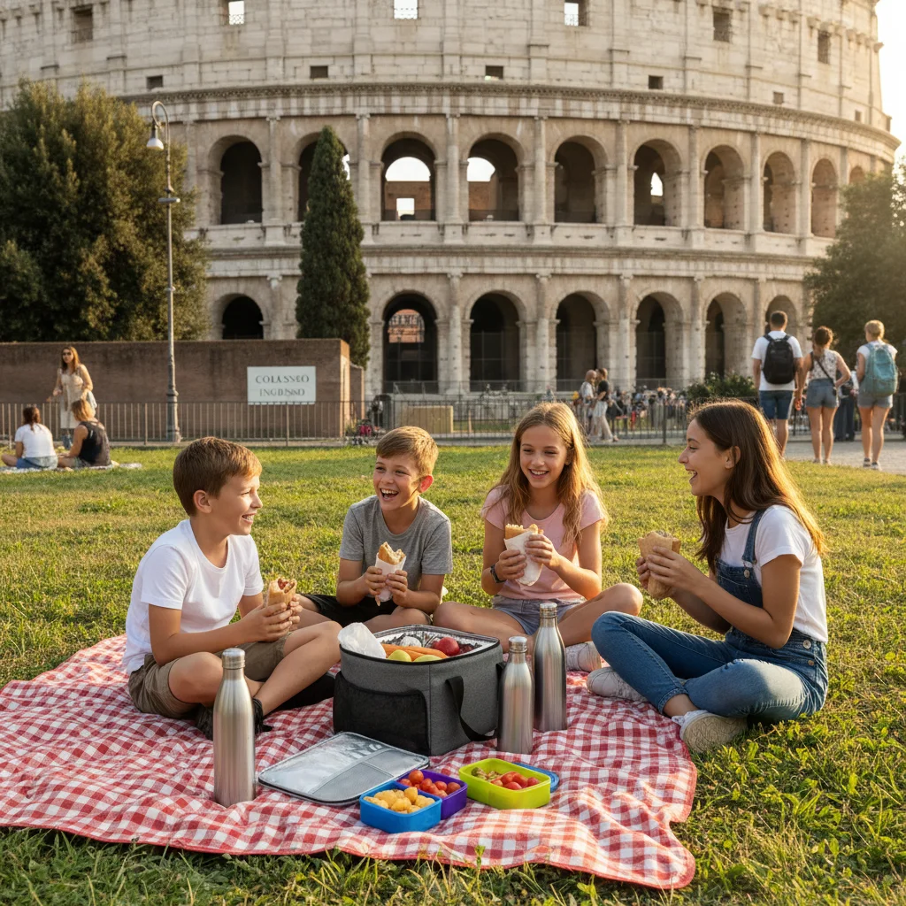 Family having a picnic lunch outside a major attraction, saving money on food.