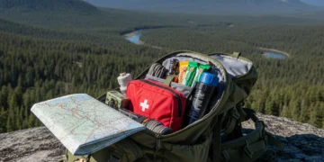 Essential backcountry survival gear packed in a backpack with a wilderness backdrop.