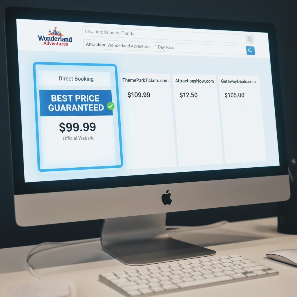 Computer screen showing best direct booking price for attraction tickets.