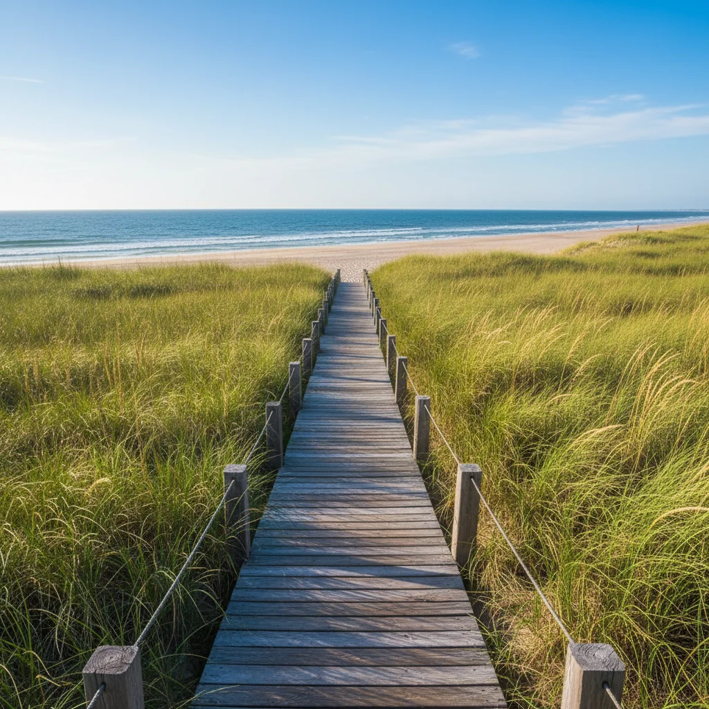 Wooden boardwalk leading to a pristine beach through dunes