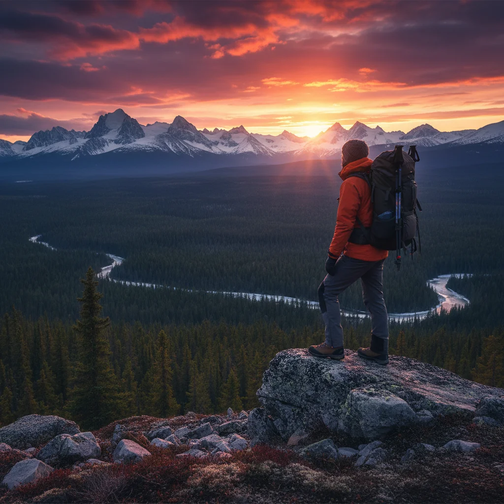 Hiker overlooking expansive boreal forest and mountains at sunset