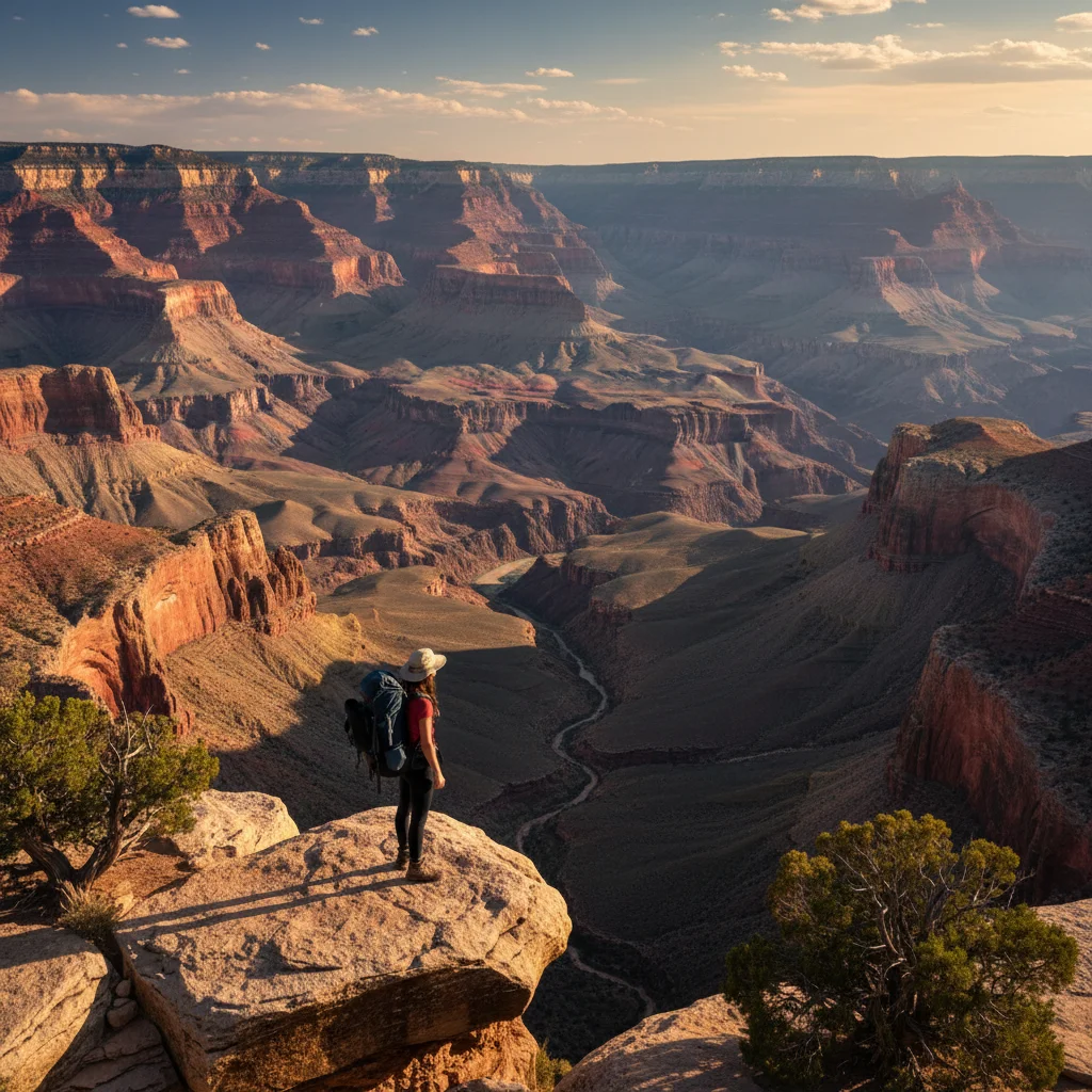 Hiker overlooking a vast, colorful canyon in a secluded national park