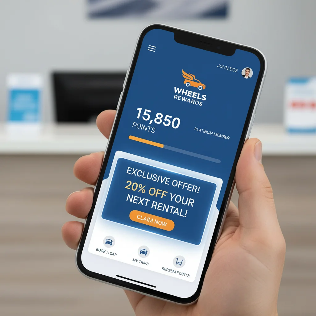 Smartphone screen showing a car rental loyalty program app with accumulated points and a discount.
