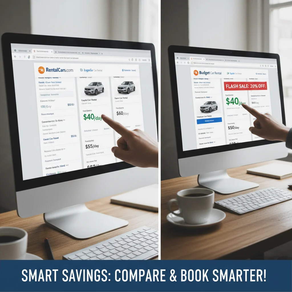 Side-by-side comparison of car rental prices on a computer screen, highlighting potential savings.