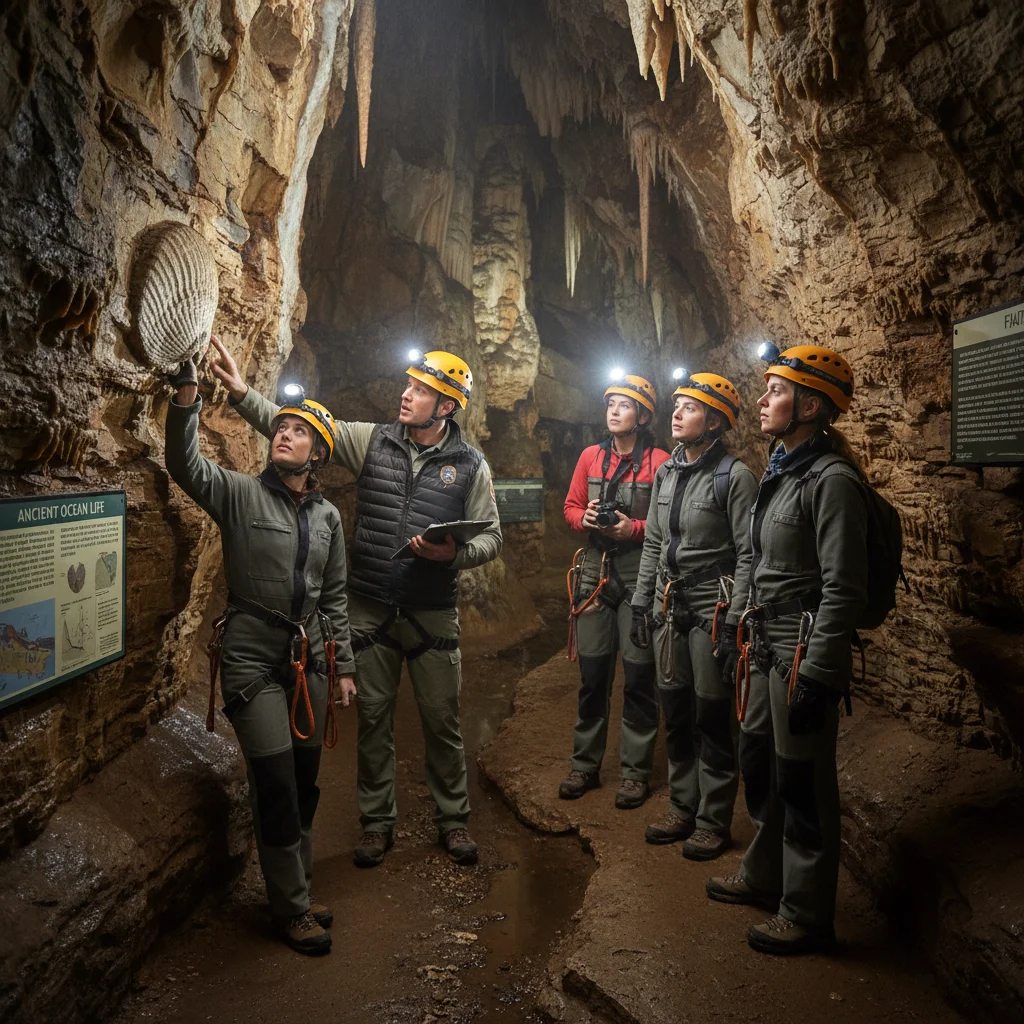 Tourists with headlamps exploring a dark cave passage