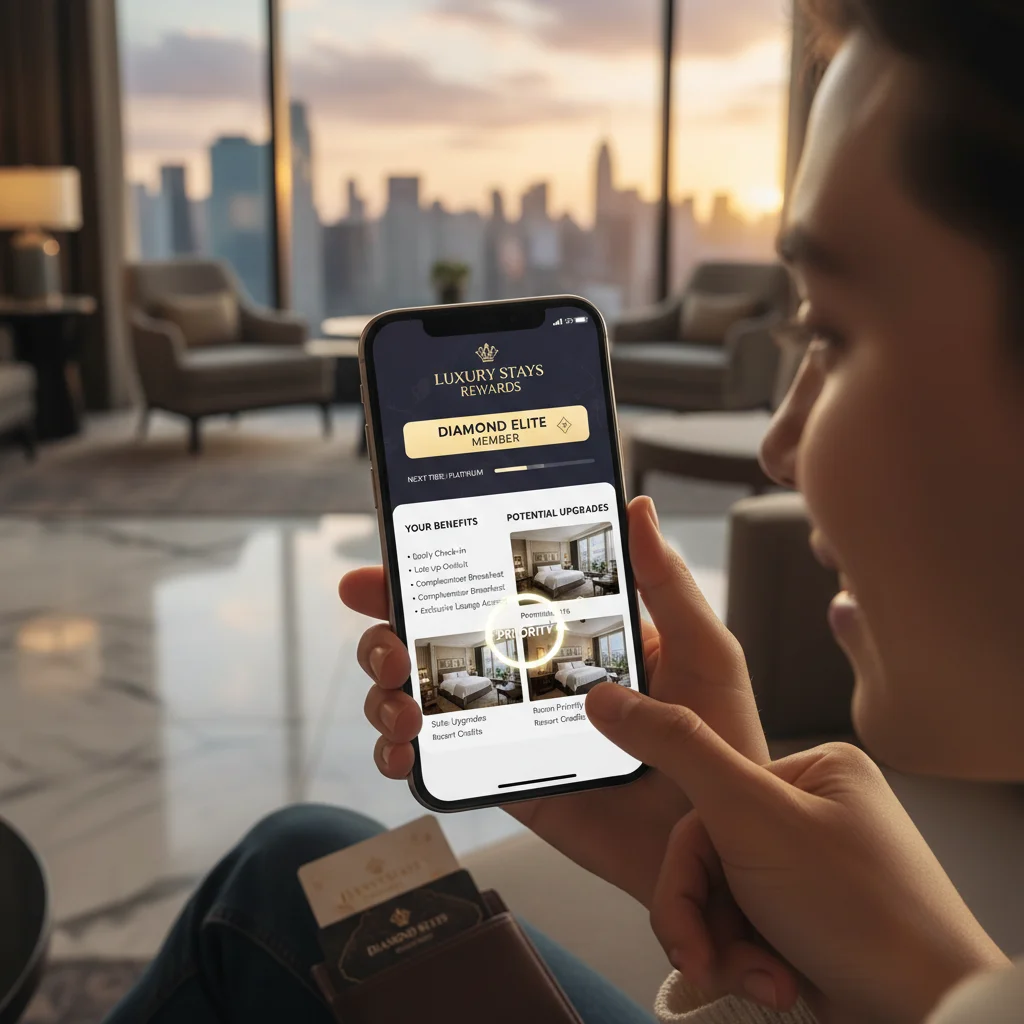 Person checking hotel loyalty program on smartphone