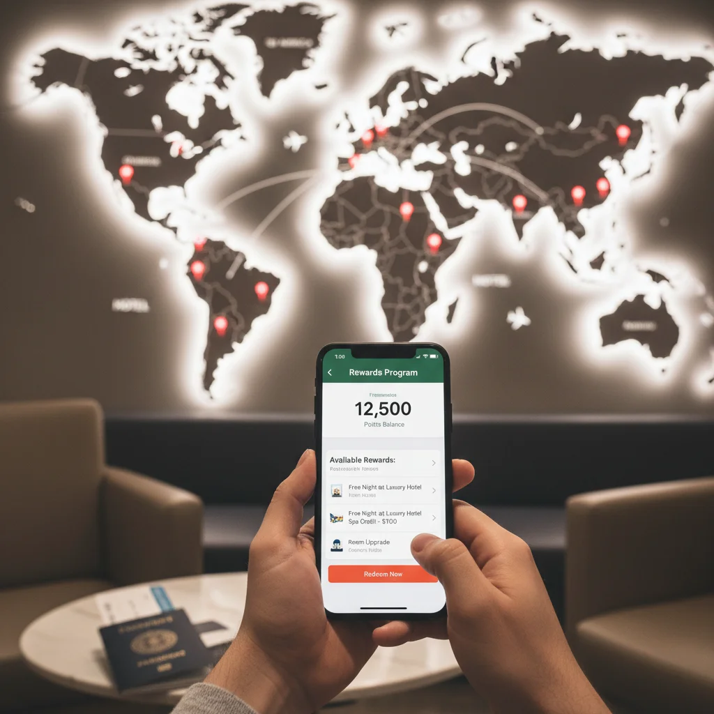 Traveler checking hotel loyalty points and rewards on smartphone