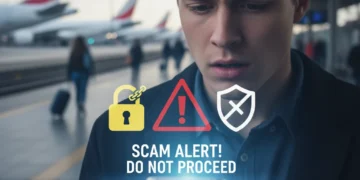 Woman cautiously checking phone for travel scam red flags