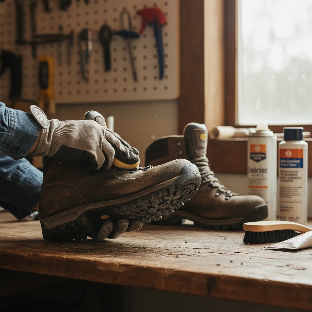 Hand cleaning and waterproofing hiking boots for extended use