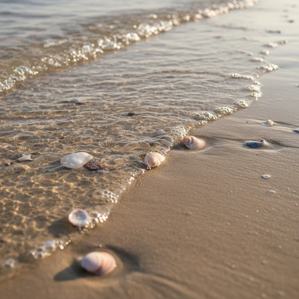 Crystal clear ocean water on a sandy beach with seashells