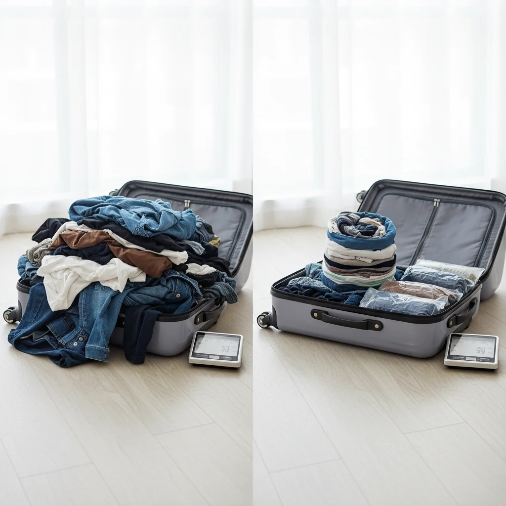 Comparison of unorganized versus efficiently rolled clothes