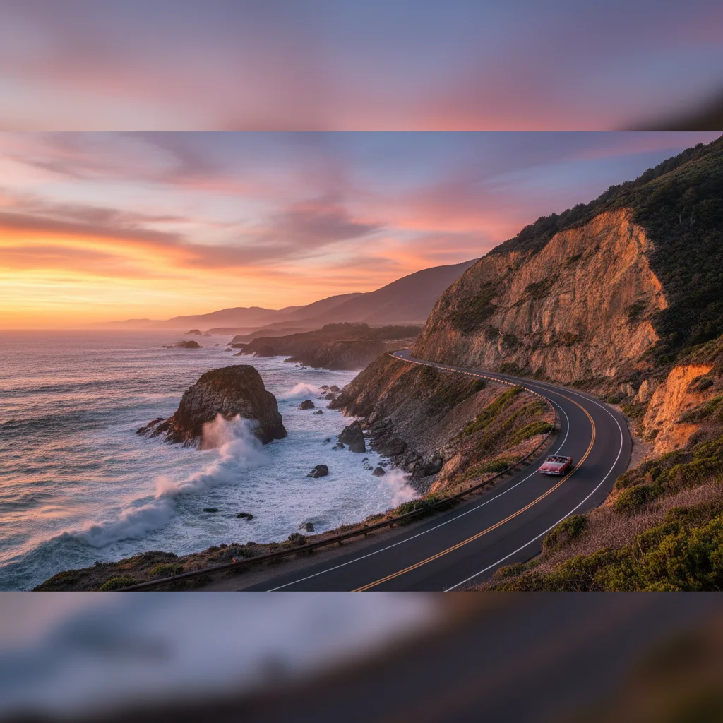 Coastal National Scenic Byway with ocean waves and cliffs.