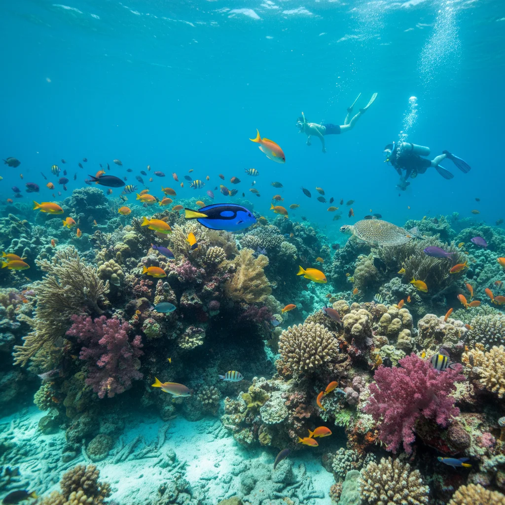 Snorkeler observing a vibrant coral reef with tropical fish in the US Virgin Islands.