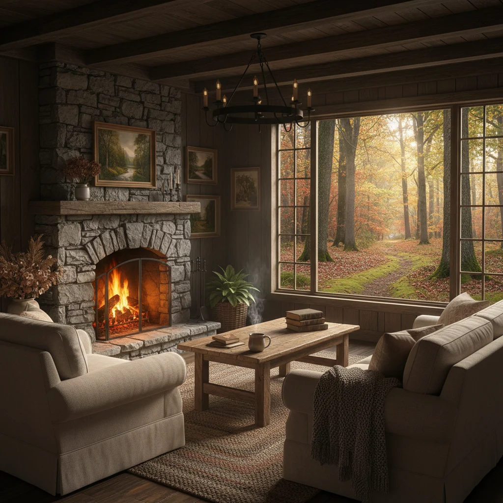 Cozy rustic cottage interior with fireplace and forest view.