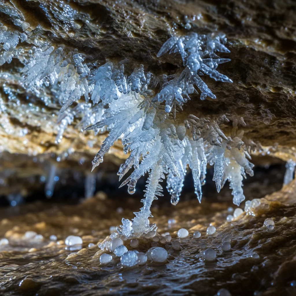 Close-up of delicate cave formations and crystals