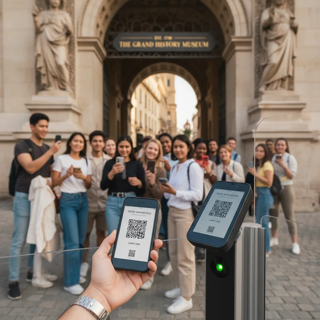 Person scanning a digital attraction pass at a museum entrance.