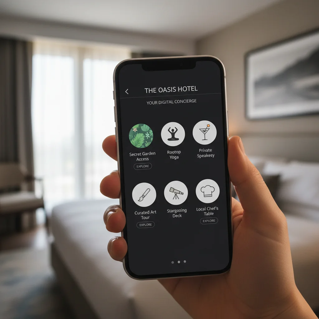 Digital concierge app on smartphone, showcasing hotel services