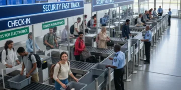 Travelers moving efficiently through airport security checkpoint.