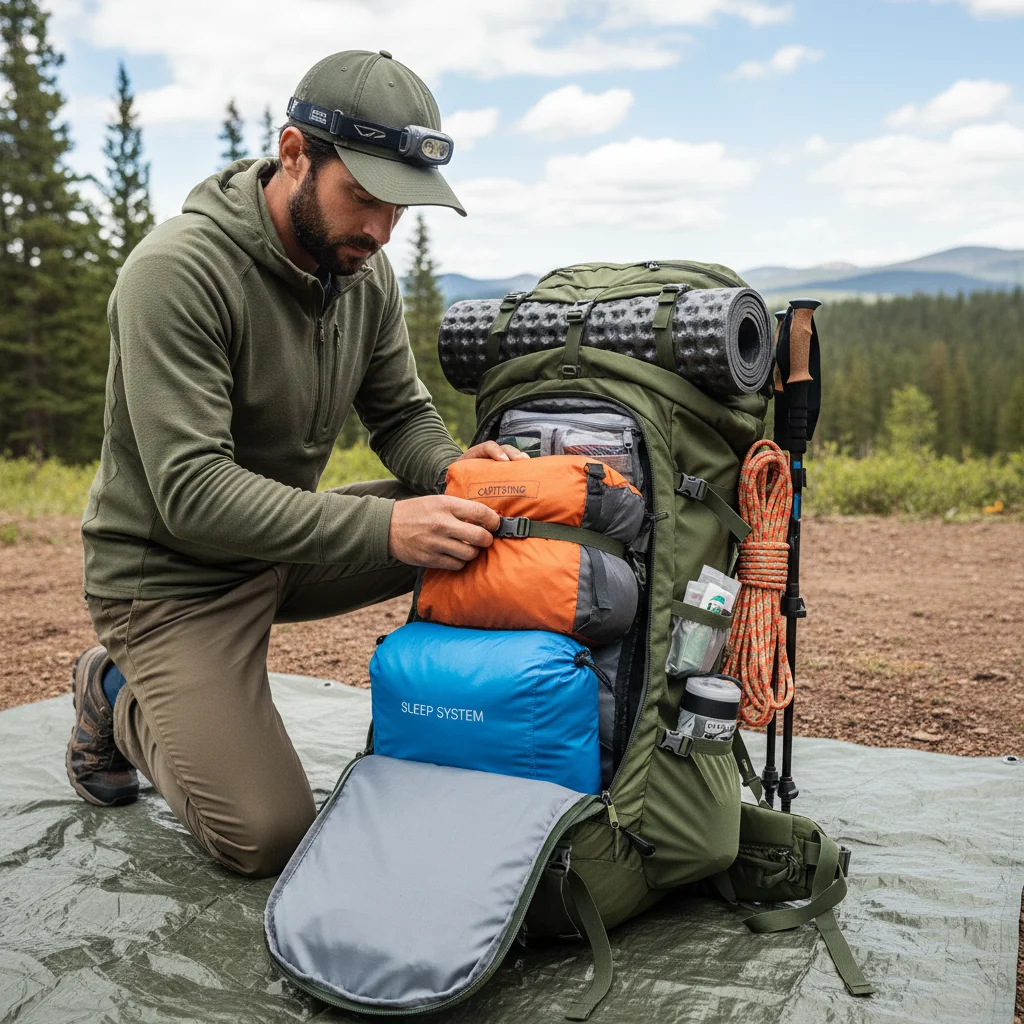 Person efficiently packing a backpacking backpack.