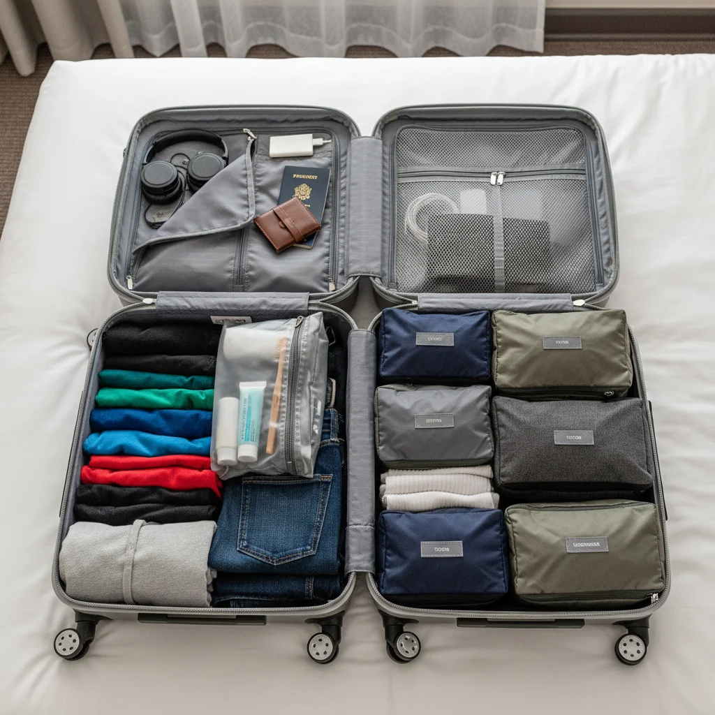 Efficiently packed suitcase with rolled clothes and packing cubes, maximizing space.