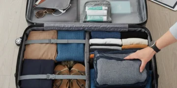 Efficiently packed suitcase with rolled clothes and travel essentials for a 7-day trip