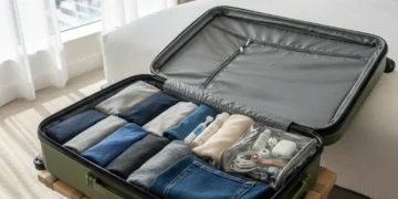 Open suitcase with efficiently packed clothes and travel essentials