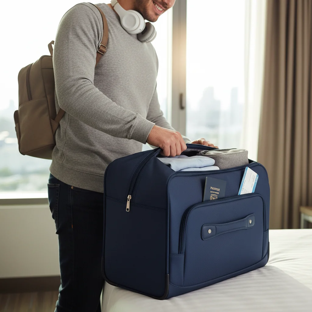 Traveler zipping up a perfectly packed carry-on bag, ready for a trip.