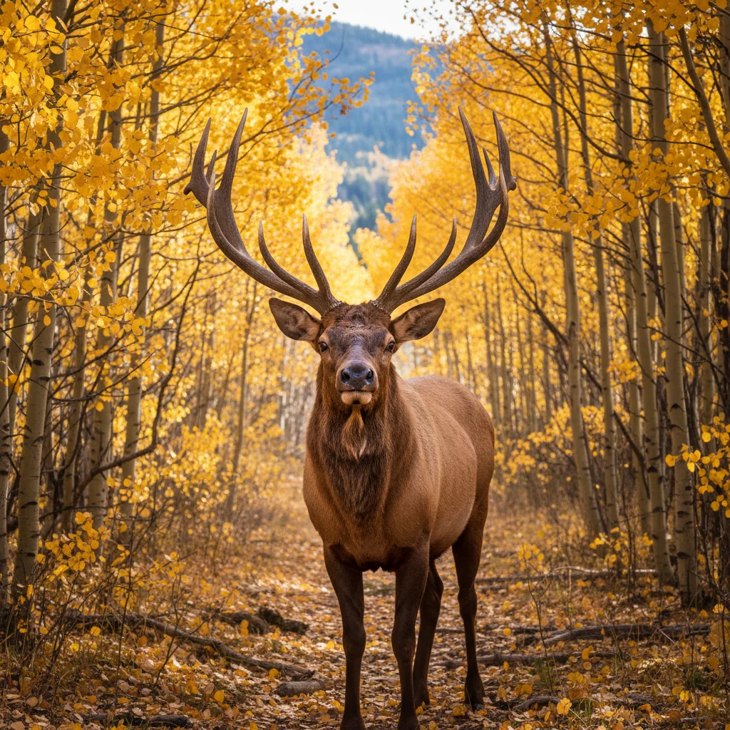 Elk grazing in golden aspen forest during fall in national park.