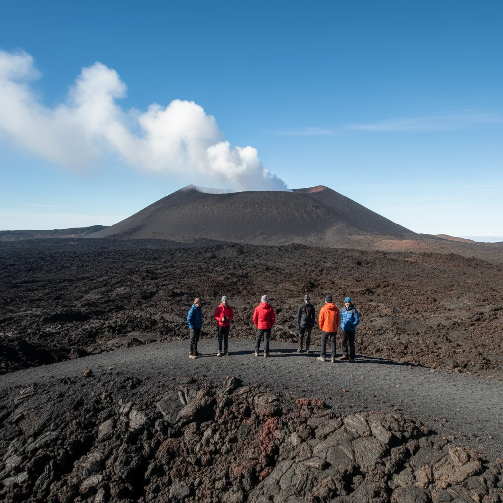 Hikers observing volcanic landscape on Mount Etna under a clear sky.