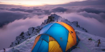Expedition tent pitched on a snowy mountain peak at dawn