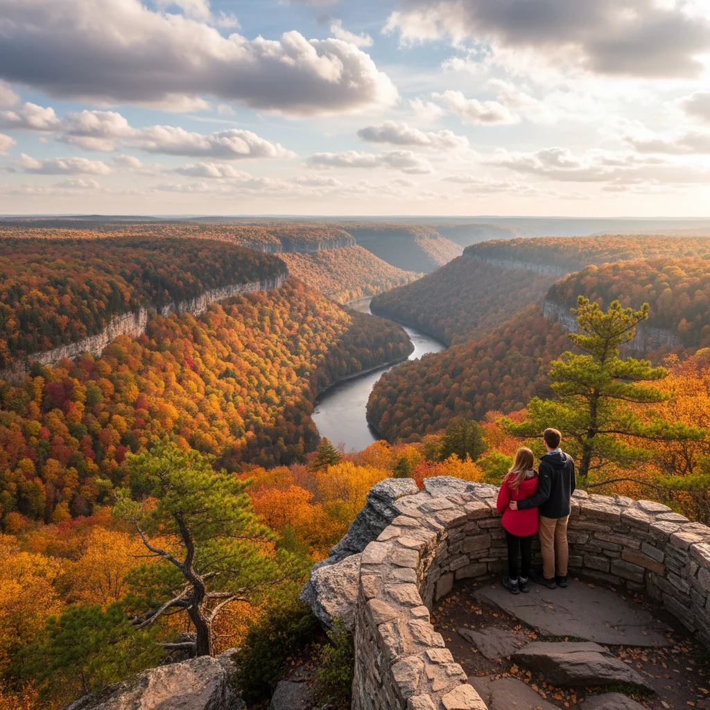Couple enjoying panoramic fall canyon view in national park.