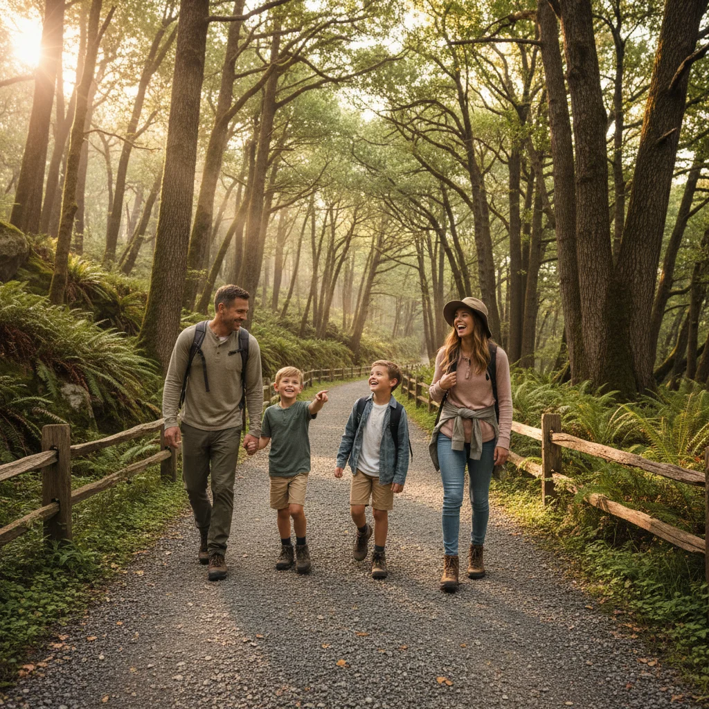 Family enjoying a summer hike in a national forest.