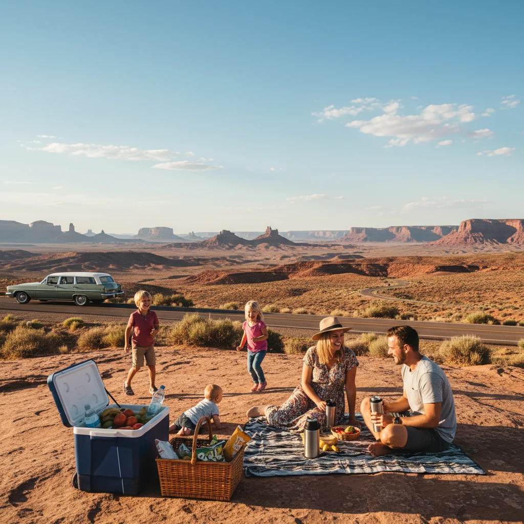 Family picnicking at desert scenic overlook during road trip