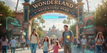 Family entering theme park, dynamic pricing savings