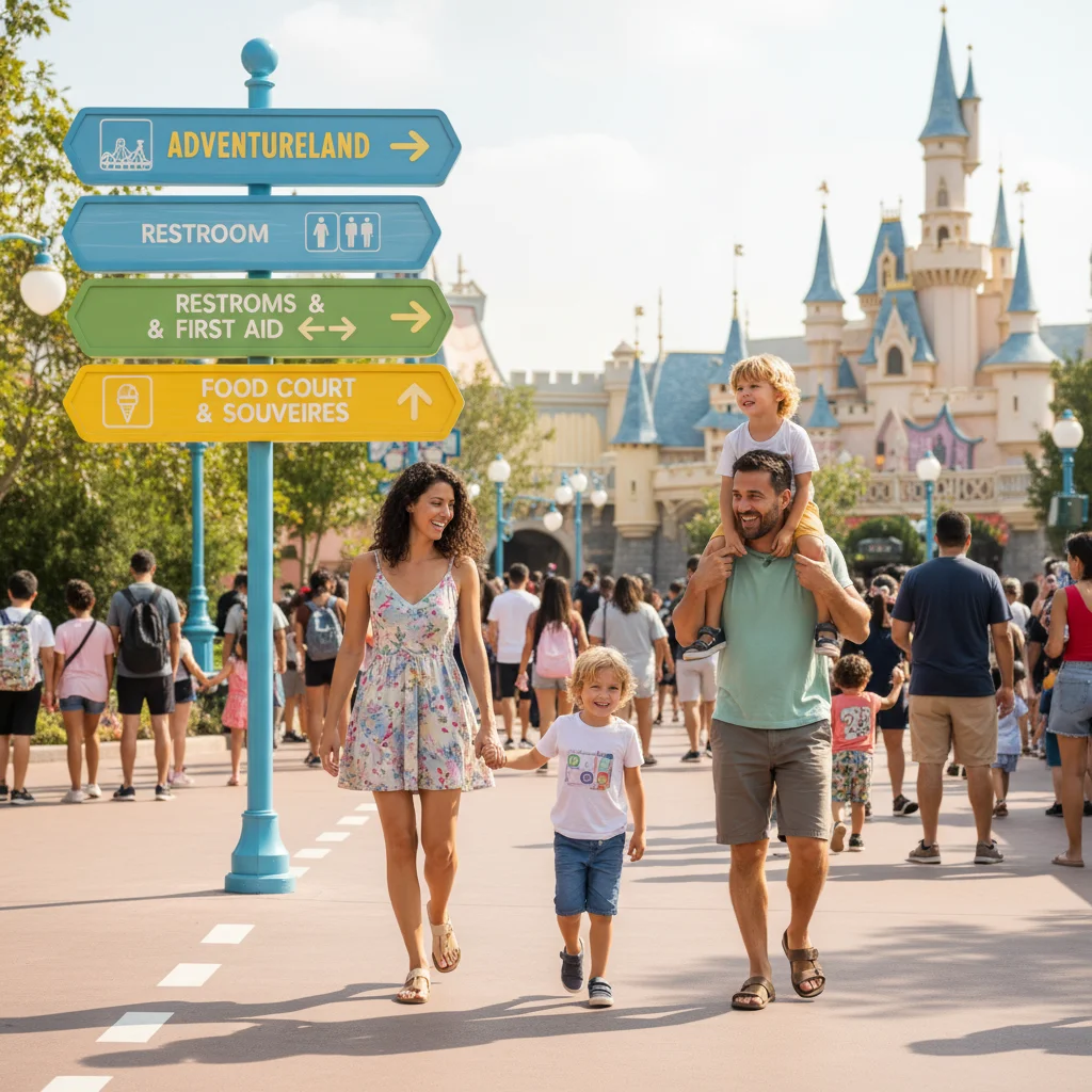 Family enjoying a theme park, clear signage and smooth navigation