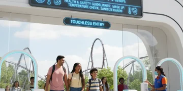 Family entering theme park with new safety guidelines