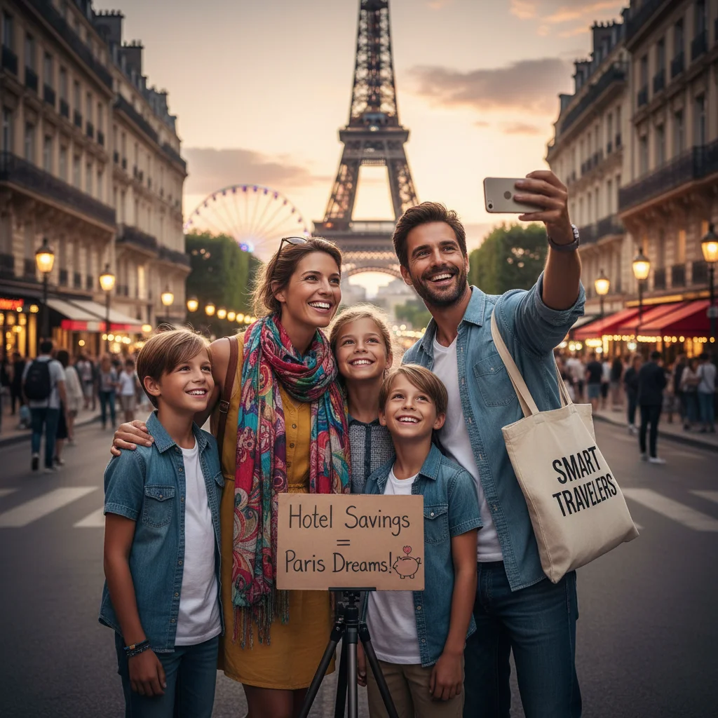 Family enjoying a city vacation, benefiting from saved hotel costs.