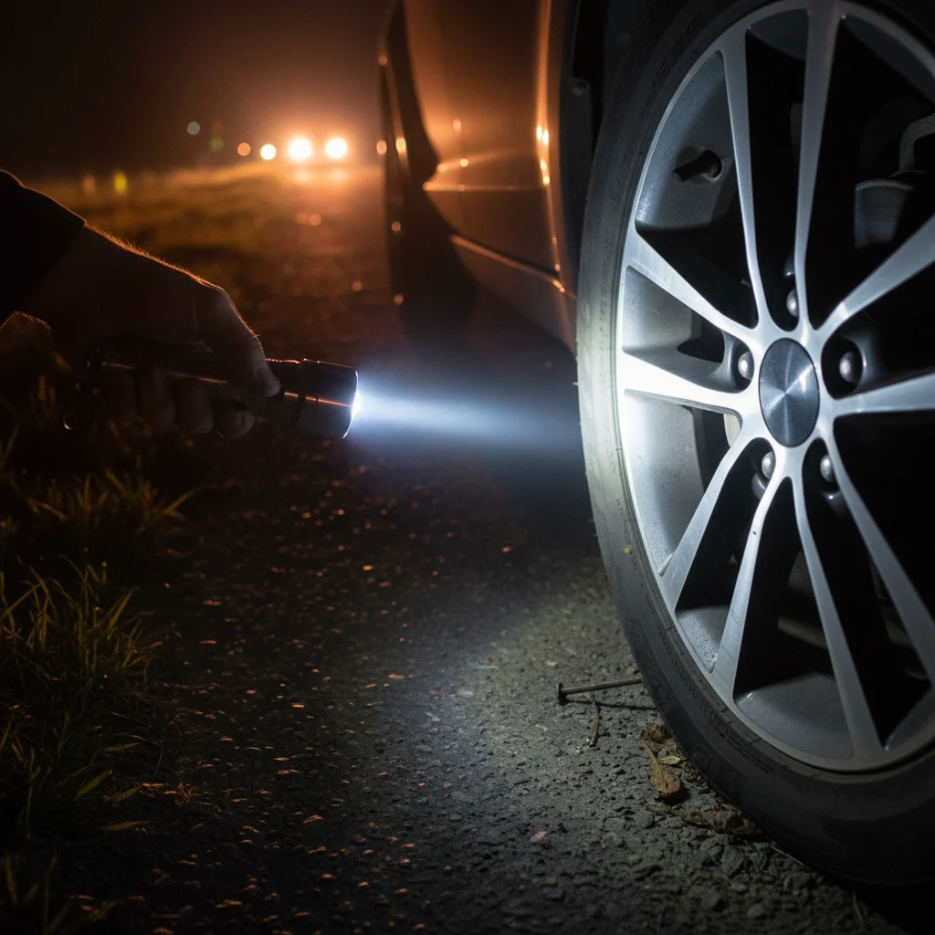 Hand holding LED flashlight illuminating flat tire at night.
