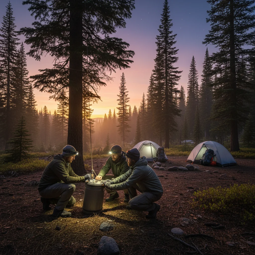 Hikers securing food in bear-resistant canister at campsite