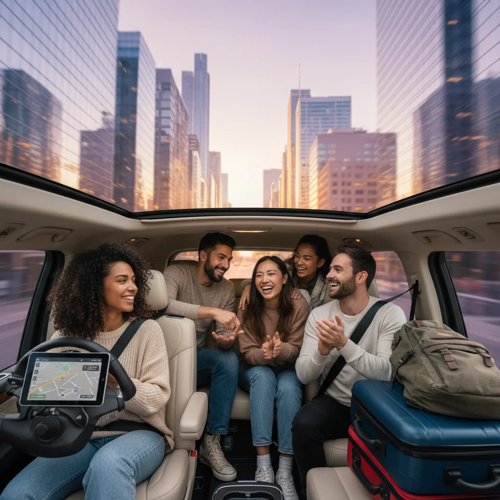 Friends enjoying a ride-sharing service as a car rental alternative