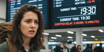 Frustrated passenger checking delayed flight information at airport