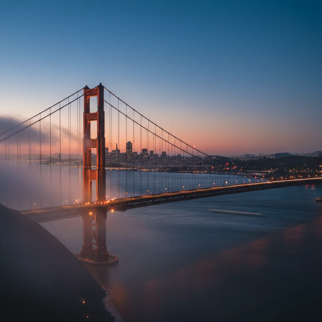 Golden Gate Bridge at dusk with city lights and gentle fog, a symbol of San Francisco.