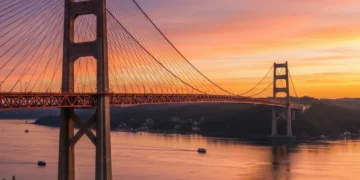 Golden Gate Bridge at sunset with vibrant sky and city lights