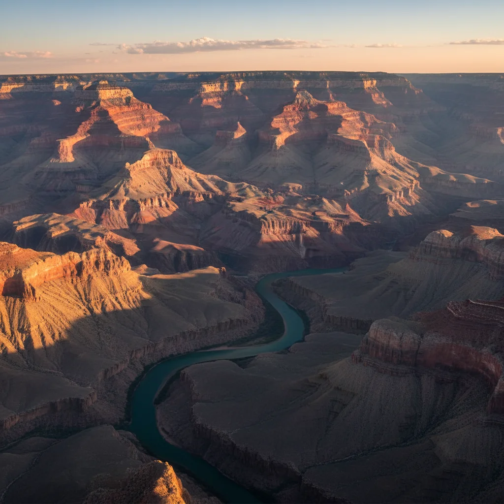 Stunning aerial view of the Grand Canyon at sunrise, showcasing its vastness and geological beauty.